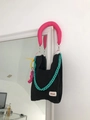 Black knit mesh shoulder bag with pink handle and mint green chain decoration - Black + Shoulder Strap Set