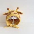 Yellow giraffe knit baby earflap hat with 3D horns and tie strings on a white stand - Yellow Sika Deer - Lined