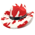 Macro shot of red cow print cowboy hat featuring skull metal badge and studded band - M (56-58cm) / Straight Crown Red