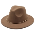 Classic brown wool felt fedora hat with a wide brim and gold metal ring decorative band - M (56-58cm) / Khaki