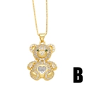 Chic gold teddy bear pendant necklace with sparkling heart zircon and box chain - Style B (Heart Main Stone / Green Eyes)