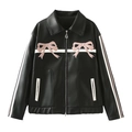 Giacca da donna in ecopelle nera con ricamo a fiocco rosa e strisce bianche a contrasto - Taglia S / Nero/Rosa