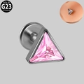 Détail macro du clou en titane G23 avec zircon rose et vue portée sur un modèle d'oreille - 1.2*8 / Zircon Rose
