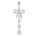 Bauchnabelpiercing mit rosa Zirkonia, silbernem Schmetterling und Hängesteinen - Rosa Schleifenstil (5837885152574) / Rosa Schleife