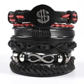 Dettaglio del set di bracciali in pelle nera multistrato con cordini intrecciati e ciondoli - Stile Dollaro Simbolo Infinito (TZ5-A04)