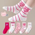 5-pack children's cotton crew socks with pink heart and letter patterns - Pink Rubber Band Love / 3-5 Years (Feet length 13-15cm)