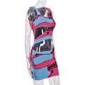 Detail of color-block knit mini dress with hollow-out design and graffiti print - S / Blue