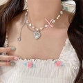 Close-up of double layer pearl necklace with heart pendant and pink bow on model - 1# Silver Pink Heart Bow Style