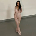 Tutina aderente con paillettes e scollo a V a maniche lunghe in colore oro rosa - S / Champagne