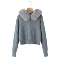 Women's grey zip-up knit cardigan with a plush faux fur collar for autumn winter - S / Gray