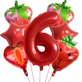 Strawberry balloon set with red number 6 and star balloons for birthday party decor - Smiling Strawberry Style (Smiling Strawberry Set 6)