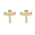 Sparkling gold dragonfly stud earrings with white cubic zirconia and black gem accents - Dragonfly (E)