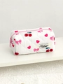 Detail of white quilted cosmetic bag with pink cherry and bow patterns and zipper - Cylindrical Style / Small