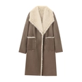 Women's double-sided grey suede and faux fur long coat with stylish lapels and pockets - XS / Camel