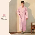 Thick flannel cherry pink long bathrobe for men and women with white piping and belt - Sakura Pink (Men)
