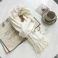 Cream white thick knit scarf with soft tassels and minimalist winter design - Milk White