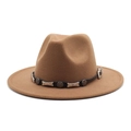 Close-up of caramel wool fedora hat with black leather band and metal star studs - Khaki