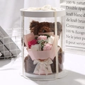 Brown teddy bear with colorful soap flowers in a transparent gift box with ribbon - Dark Coffee Bear + Pink Bouquet + Round Gift Box