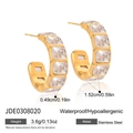 Pendientes de aro en C de acero inoxidable chapado en oro 18k con circonitas cuadradas - Estilo Piedra Cuadrada (JDE0308020) / 1,52 cm