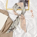 French style floral twilly scarf in beige and green with elegant horse pattern and text - Space Horse Pink Green