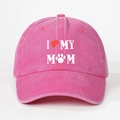 Vintage rose pink washed cotton baseball cap with I Love My Mom paw print embroidery - Rose Red