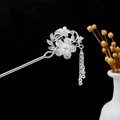 Silver hollow flower hairpin with drop tassels and vintage Chinese filigree design - Floral Filigree Three-Stem Tassel (F473)