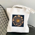 White canvas tote bag featuring celestial sun and moon illustration with shoulder straps - STD438-N (Retro Celestial Sun Moon with Clouds)