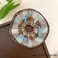 Brown and light blue plaid pet collar with ruffles and blue bows on wood tray - T121 Brown Light Blue Plaid Bow