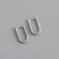 Detailed view of silver rectangular U-shaped hoop earrings with a twisted rope texture - Twisted U-shaped Hoop Earrings (S-E1562) / Silver