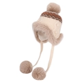 Gorro de invierno de punto Fair Isle beige con ribete de pelo y orejeras con pompones - Beige