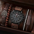 Men's quartz watch and bracelet set with brown leather strap and wood beads in gift box - Dark Brown Set (1 Watch + 3 Bracelets)