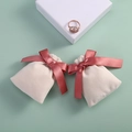 Flat lay of beige velvet jewelry pouches with pink silk bows on a light green background - 7x9cm / Off-White With Dusty Pink Ribbon