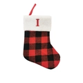 Red and black buffalo plaid Christmas stocking with white plush cuff and red letter I - Letter I