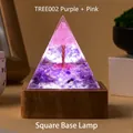 Energy pyramid TREE002 with amethyst, rose quartz tree and square wooden light base - TREE002+Wooden Base-Purple Pink Crystal Tree/Light Base