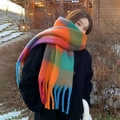 Chic rainbow plaid scarf with long fringe, winter thick mohair texture wrap for women - No.6 Multi-Color Patchwork Plaid