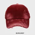 Distressed burgundy washed cotton baseball cap with retro frayed details and vintage finish - Burgundy