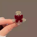 Mini wine red velvet butterfly hair claw clip with crystals on gold metal base - Shiny Red Mini Butterfly Claw (Per Piece)