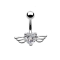 Silver belly button ring with heart-shaped zircon and angel wings on white background - Silver White Rhinestone