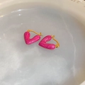 Vintage style pink enamel heart earrings with gold-toned metal leverback clasps - Hoop-Rose Red