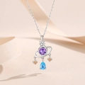 S925 silver planet necklace with purple zircon and blue teardrop stone charm - 925 Silver / White Gold Color (YA0456)