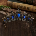 Detailed close-up of a vintage golden bridal crown with blue and black rhinestones - Antique Gold + Blue Rhinestone