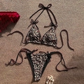 Women's leopard print triangle bikini set with side tie straps and black trim - XS / Black Leopard