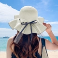 Cappello di paglia crema a tesa larga con fiocco a pois e nastro in organza per le vacanze - Bianco Sporco (D-173)