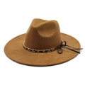 Cappello fedora in feltro marrone a tesa larga con catena dorata e fiocco nero su bianco - M (56-59cm) / Cachi (Camoscio)