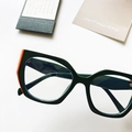 Deep green oversized polygonal anti-blue light glasses with bright orange hinge details - Dark Green and Orange