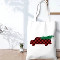 White canvas Christmas tote bag featuring a vintage red buffalo plaid truck and tree - SD-A-10/Truck with Tree Style A