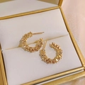 French vintage gold C-shape hoop earrings with textured granular surface and 925 silver needle - Gold Textured Granule C-shape Hoop (E020)