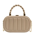 Elegant beige quilted box handbag with gold chain strap and twisted top handle - Khaki