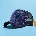 Cappellino da baseball con strass sfumati viola e blu e rete nera traspirante - Taglia Adulto (Regolabile) / Cappello a rete nero con strass blu e viola