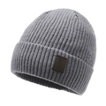 Bonnet en maille gris clair pour homme avec texture côtelée et étiquette en cuir marron - Taille unique / Gris clair
